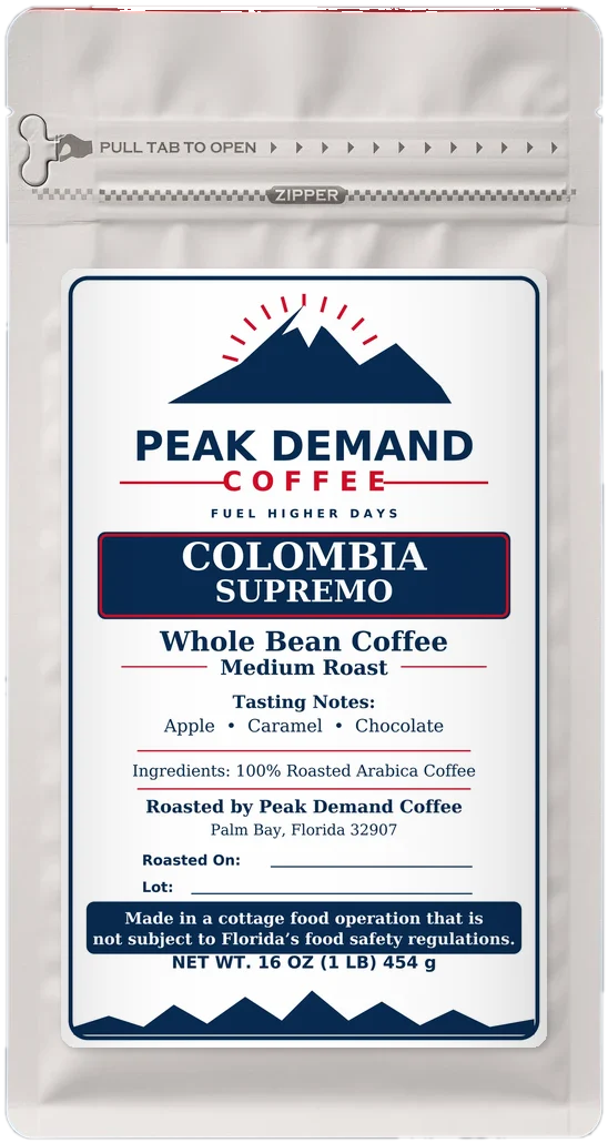 Back of the Peak Demand Colombia Supremo 1 lb bag with its label