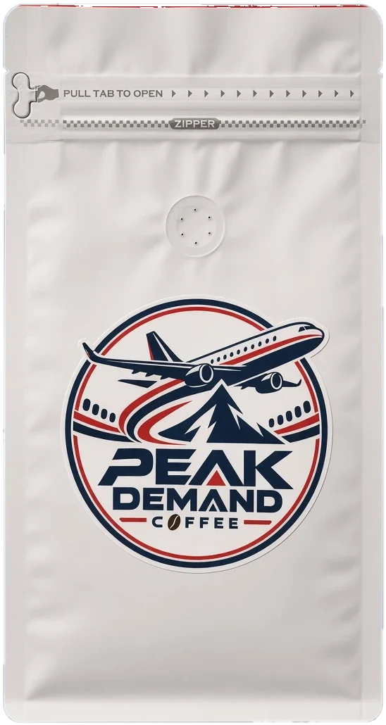 Front of the Peak Demand Colombia Supremo 1 lb bag with the jet badge