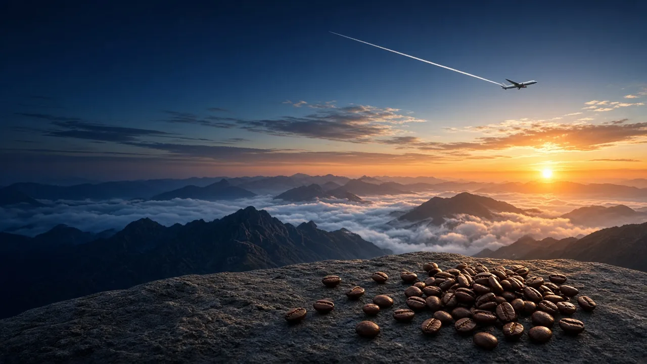 Mountain peaks above the clouds at sunrise, with a jet and its contrail in the sky