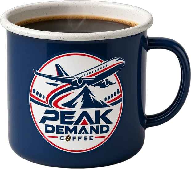 Peak Demand enamel mug of hot coffee