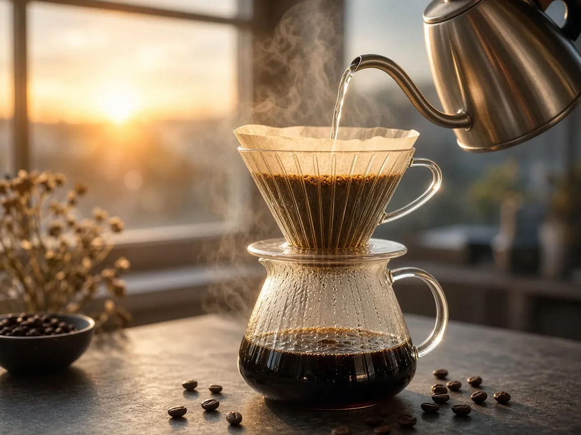 Pour-over coffee brewing at sunrise